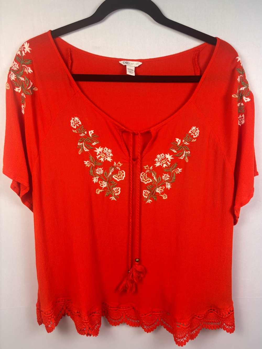 Cato Plus Size Red Boho Embroidered
Crochet Hem Blouse 18/20W